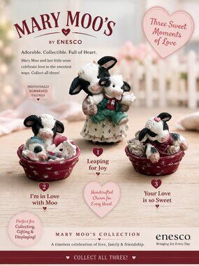 Enesco Mary Moo's 3 Figure Lot Love Collection Leaping Joy Sweet Collectible